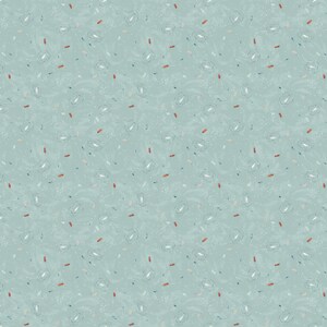 May include: A seamless pattern featuring a light teal background with scattered abstract shapes. The design includes small, oval-shaped elements with concentric circles, along with various small, elongated shapes in shades of brown and red.