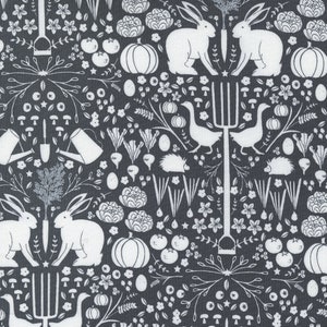 May include: A black and white pattern featuring a variety of garden elements, including rabbits, pumpkins, mushrooms, and a garden fork. The pattern is repeated throughout the image.