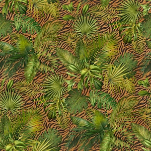 May include: A seamless pattern featuring lush green tropical leaves and foliage on a brown and orange zebra striped background.