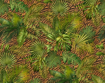 Jungle Queen || 25522-38 || Tropical Leaves Skin || Rust Green || Northcott