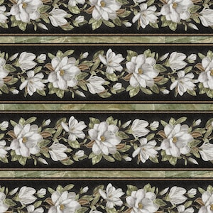 May include: A seamless pattern featuring white magnolia flowers with green leaves on a black background with gold and green stripes.