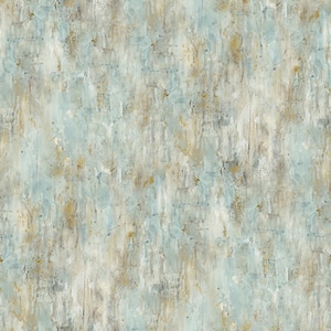 May include: Abstract art piece with a textured surface. The artwork features a blend of colors, including light blue, beige, and touches of gold and gray. The brushstrokes create a layered effect, giving the piece a weathered appearance.
