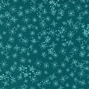 May include: Teal fabric with a repeating pattern of white snowflakes. The snowflakes are of varying sizes and are scattered randomly across the fabric.