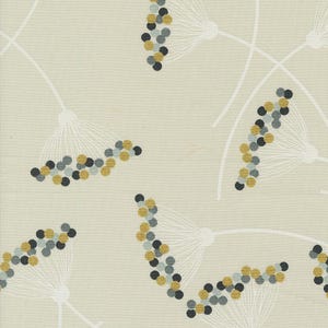 May include: A beige fabric with a repeating pattern of white dandelion-like flowers with black and gold dots.