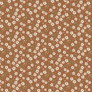 May include: A seamless pattern featuring small white flowers and green leaves on a brown background.