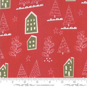May include: Red fabric with a repeating pattern of white houses, trees, and stars. The houses are green and have white windows. The trees are white and have different designs. The stars are white and have five points. The fabric is made by Moda Fabrics.
