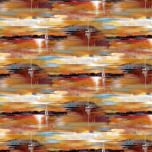 May include: A digital painting of a seascape with sailboats on a body of water. The background is a sunset with orange, yellow, and blue hues. The painting is repeated in a seamless pattern.