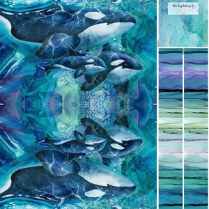 May include: A watercolor painting of orcas swimming in the ocean. The orcas are black and white with blue and green water surrounding them. The text "Save our Seas" is written in white cursive lettering at the top of the image.