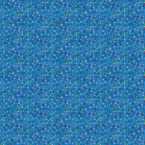 May include: A blue background with a repeating pattern of small, colorful shapes. The shapes include circles, stars, triangles, and squares. The colors are red, yellow, green, white, and gray.