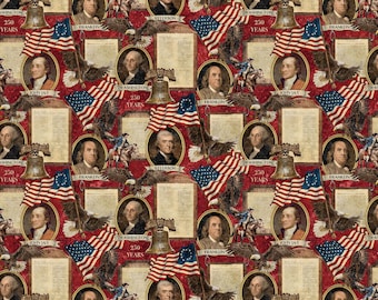 May include: A patriotic pattern featuring portraits of historical figures, American flags, eagles, and the Liberty Bell. The design incorporates elements of red, white, and blue, with text that reads "Washington 250 Years" and the names of historical figures.