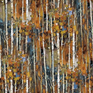 May include: An abstract painting of a forest scene. White birch tree trunks stand tall amidst a backdrop of autumn colors. The artwork features shades of brown, orange, yellow, and blue, creating a textured, painterly effect.