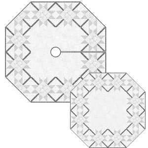 May include: Two octagonal-shaped white fabric Christmas tree skirts with a gray star pattern border. The larger skirt has a hole in the center for the tree trunk.