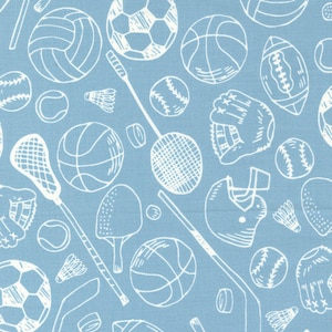 May include: Light blue fabric with a repeating white line drawing pattern of various sports equipment, including volleyballs, soccer balls, basketballs, baseballs, footballs, and badminton rackets. The design also features baseball gloves, hockey sticks, and lacrosse sticks.