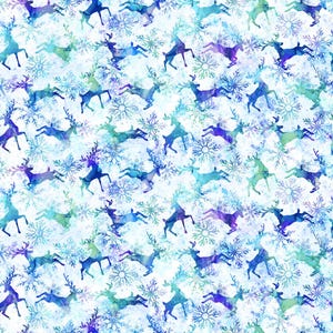 May include: A repeating pattern of watercolor reindeer and snowflakes in shades of blue, purple, and green on a white background. The design is suitable for holiday-themed products, such as fabric or wrapping paper.