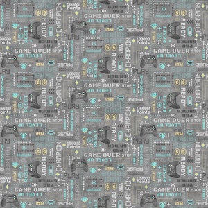 May include: A gray and white digital pattern with a repeating design of a video game controller, the words "Game Over", "Level Up", "Ready", "Champion", "Gamer", "Pro", "Play", "Pause", "Start", "Reset", "Bonus", "Points", and "High Score".