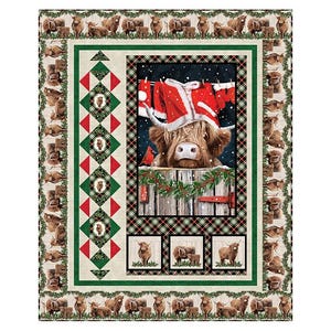 May include: A festive quilt featuring a Highland cow wearing a Santa hat, with a snowy backdrop. The quilt has a plaid border and a repeating pattern of cows. The central image is framed by a green and red geometric design, creating a cozy, holiday theme.