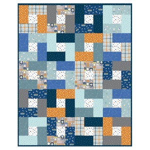 May include: A patchwork quilt with a geometric pattern in shades of blue, orange, and gray. The quilt is made up of squares and rectangles of different sizes and colors.