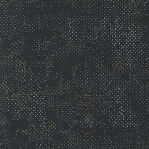 May include: A black fabric with a subtle pattern of small gold and silver dots. The dots are arranged in a diagonal pattern, creating a subtle geometric design.