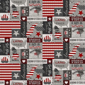 May include: A red, white, and blue patterned fabric with a repeating design of stars, stripes, and the words "God Bless America", "Land of the Free", "Born Free", "United States of America", "Stars & Stripes", "Independence 76", and "American Eagle".