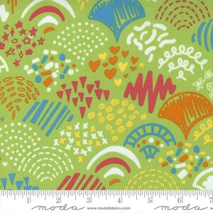 May include: Green fabric with a colorful abstract pattern. The pattern includes hearts, stars, circles, and lines in shades of red, orange, yellow, blue, and white.
