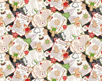 May include: A seamless pattern featuring a variety of gingerbread cookie recipes and cookie cutters. The pattern is on a black background with white snowflakes. The recipes include Creamy Hot Chocolate, Gingerbread Cookies, and Sugar Cookies.