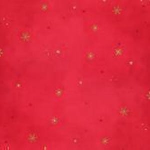 May include: Red background with a scattered pattern of gold snowflakes.