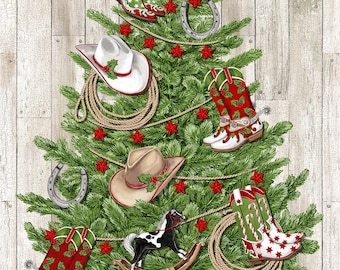 Howdy Christmas || DP24610-11 || Cowboy Christmas Tree Panel || Taupe Multi