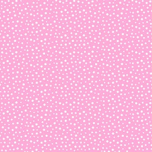 May include: A seamless pattern featuring a light pink background with a random scattering of white polka dots of varying sizes. The dots are evenly distributed across the surface, creating a playful and visually appealing design.