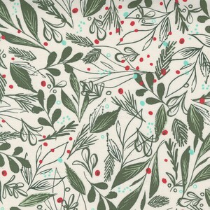 May include: A fabric with a repeating pattern of green leaves, red berries, and small blue dots on an off-white background. The design features various leaf shapes and sizes, creating a natural, botanical theme.