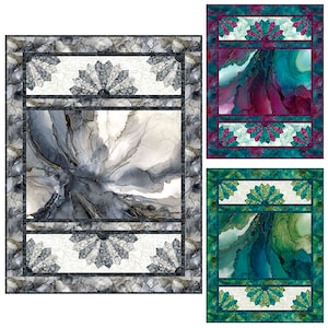 May include: Three quilt patterns featuring abstract watercolor-style designs in shades of gray, teal, and purple. Each pattern has a black frame and a decorative border of gray, teal, or purple fan-shaped designs.