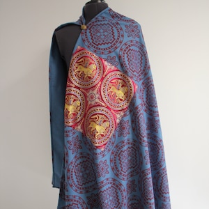 Byzantine wool cape (Half circle shaped) Historical replica - with stamping pattern and brocade silk pannels - hem stitches edges.