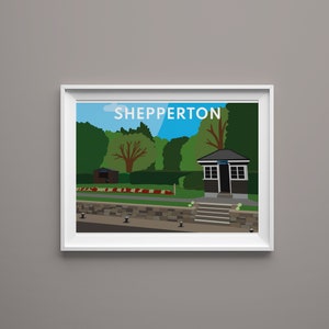 Puede incluir: Una ilustración colorida de un pequeño edificio con un letrero que dice "Shepperton" en letras blancas. El edificio está rodeado de árboles y arbustos verdes, y hay un cielo azul en el fondo.