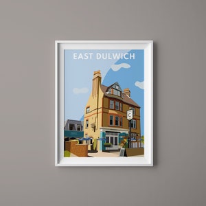 May include: A digital illustration of a yellow building with blue accents and a sign that reads "East Dulwich". The building has a blue awning and a sign that reads "The Crown".