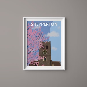 Puede incluir: Una impresión enmarcada en blanco con el texto "SHEPPERTON" y una representación de una torre de iglesia con un reloj y un árbol de flores rosas en primer plano.