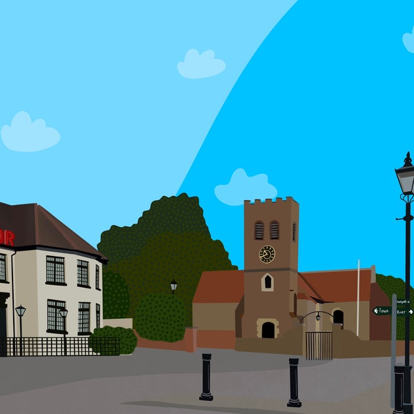 Shepperton, Old Church Square including The Anchor and The Kings Head - Digital Primt