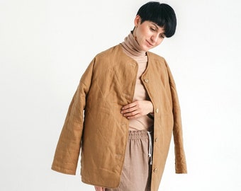 Quilted linen jacket with pockets, reversible padded blazer with buttons. Plus size women jacket, sustainable quilted coat.