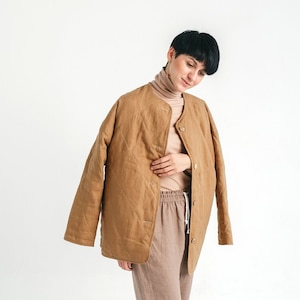 Quilted linen jacket with pockets, reversible padded blazer with buttons. Plus size women jacket, sustainable quilted coat.