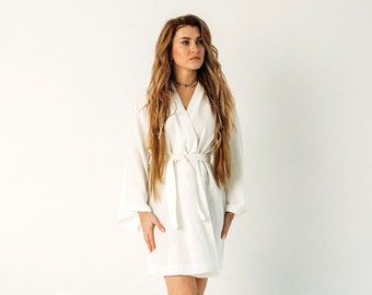 White Linen kimono short dress. Plus size soft kimono robe in white and other colors. Wedding bride and bridesmaid robe.