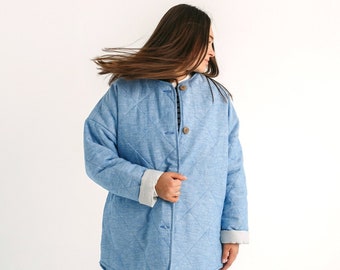 Gesteppter Leinenmantel mit Taschen, gefütterte Wendejacke mit Knöpfen. Nachhaltiger Mantel, Oversize-Jacke für Damen...