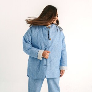 Quilted linen coat with pockets, reversible padded jacket with buttons. Oversize women jacket, sustainable peacoat and fall coat.