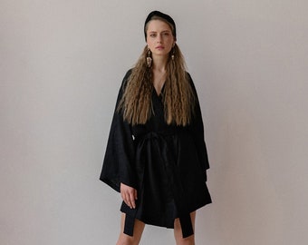 Linen Kimono black color. Oversize short dress. Stonewashed kimono robe