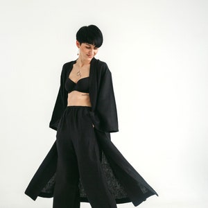 Long linen kimono an wide leg pants.