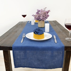 Blue linen table runner. Table runner for holiday or Wedding. Farmhouse and Rustic style. Various in colors and sizes.