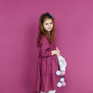 Kids soft linen dress. Long purple Indigo girl dress with ruffle. Organic baby clothes for photoshoot. Various colors an size. image 8