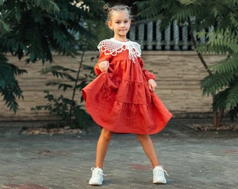 Girl linen dress. Kids school linen dress. Baby linen dress with long sleeves. Elegant girl summer dress. Baby girl gift. Red orange dress.
