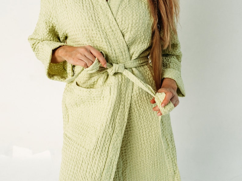 Waffle linen robe for women. Plus size wrap bath robe. Long robes with a pockets in various colors. image 3