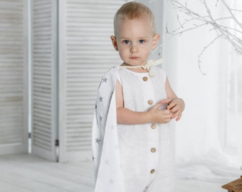 Kids linen jumpsuit. Baby unisex overall. Baby and toddler white linen romper. Organic kids clothes.