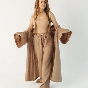 Organic clothing for women. Linen kimono and wide pants. Sustainable style.