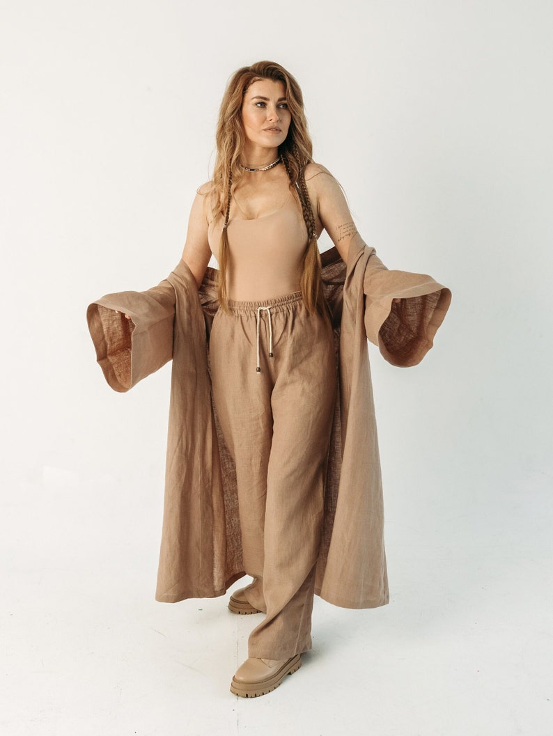 Organic clothing for women. Linen kimono and wide pants. Sustainable style.