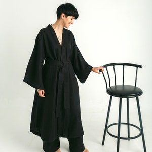 Black linen kimono. Unisex organic clothing.